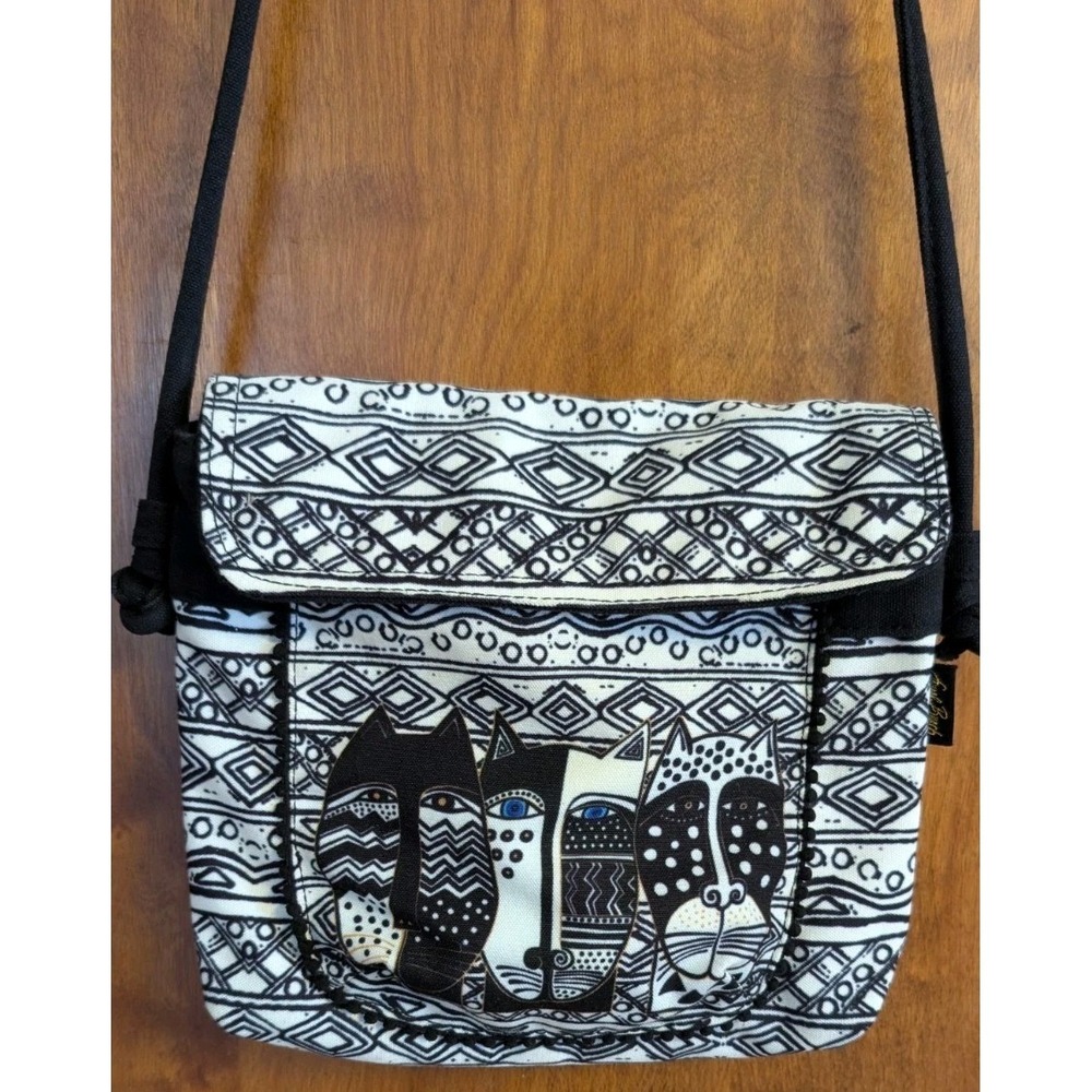 Wild Cats Laurel Burch Small Canvas Cross-Body Bag Purse White & Black Boho